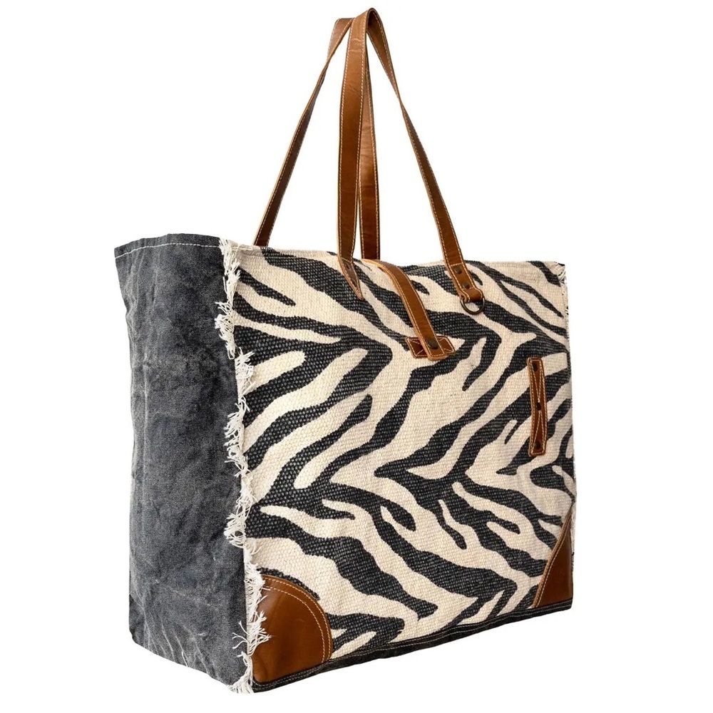 Zebra Print Tote Bag with Brown Accents - Picture 2 of 3